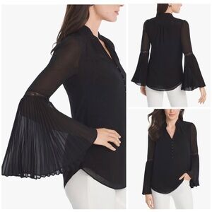 White House Black Market Sz 6 Black Chiffon Lace Bell Sleeve Tunic s Blouse Top